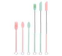 Telescoping Spatula and Spoon, 2pcs Mini Spatulas 2pcs Telescoping Spoons 2pcs Mini Oil Brushes Retractable Silicone Scraper Makeup Spatula Set for Kitchen Food Narrow Bottle Cosmetics (Pink, Green)