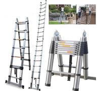 Telescoping Stainless Steel Ladder 16.5 FT Dual Purpose With Stabilizer - Adjustable Compact Step Climb for Household, Outdoor Work - 330lb Load Capacity (2.5M+2.5M)