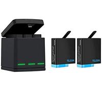 TELESIN 2 Batteries and 3-Slot Charger for GoPro Hero 8/7/6/5 Black | 2 Replacement Batteries | Charge 3 batteries and store them together | Compact USB charging kit