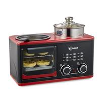 Telford 4 in 1 Breakfast Maker, 1200 Watts Multifunctional Cooking Station with 8L Oven, 1L Steamer Pot, Non-Stick Frying Pan (Black & Red) (Black & Red)