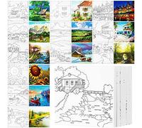Teling 12 Pcs Pre Drawn Stretched Canvas Kit for Adults - Pre Printed Canvas Outline for DIY Painting Party Favor, 6 x 6 x 0.6 Inches (Landscape)