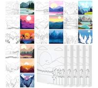 Teling 12 Pcs Stretched Canvas Kit for Adults - Pre Drawn Canvas with Outline for DIY Painting Party Favor, 6 x 6 x 0.6 Inches (Mountain)