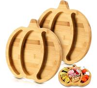 Teling 2 Pcs Pumpkin Shaped Bamboo Serving Tray with Grooves Maple Leaf Wood Candy Dish Bowl Gifts for Autumn Fall Party Supplies