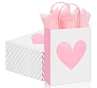 Teling 24 Pcs Valentines Day Gift Bags with Tissue Paper Metallic Heart Goodie Bags with Handles for Valentine Gifts Wrapping Anniversary Dating, 9 x 7 x 3.15 Inches (White,Pink)
