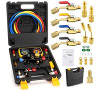 Tellegloww HVAC Manifold Gauge Set for R22 R32 410A 134A Refrigerant with Hose Kit 4 Refrigerant Angled Compact Ball Valve and 4 R410A Adapter Female to Male Flare for Air Conditioner Split System