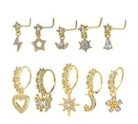 Telooco 10 Pcs 20G Gold Dangle Nose Ring Hoop L Shaped Dangling Nose Stud Heart Star Butterfly Moon CZ Nose Rings with Charm Indian Piercing Jewelry Cartilage Earring for Women