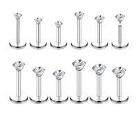 Telooco 12Pcs 18G Flat Back Nose Stud Stainless Steel Internally Threaded Labret Studs Silver Lip Bar Nose Studs Cubic Zirconia Tragus Earrings Medusa Piercing Jewellery 6/8/10mm