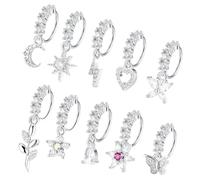 Telooco 20G Dangle Nose Rings Hoops 10Pcs Dangling Nose Piercing Jewelry Set Butterfly Heart Star Moon Cute Nose Rings for Women Girls(Silver)