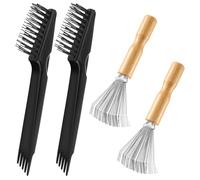 Telooco 4Pcs Hair Brush Cleaner Set Double Head Hairbrush Cleaning Tool and Wooden Handle Metal Wire Brush Rake Comb Cleaner Set for Removing Tangled Hairs and Dust Home Salon Use (Black)