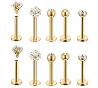Telooco 5 Pairs Labret Piercing Jewellery 16G Stainless Steel Lip Bar Tragus Stud Cubic Zirconia Flat Back Earrings Internally Threaded Labret Studs Cartilage Earrings Helix Piercing Jewellery, Gold