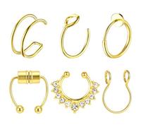 Telooco 6Pcs Gold Fake Nose Ring Magnetic Fake Septum Stainless Steel Nose Rings Hoop Anti-allergic Clip On Lip Ring Rhinestone Non-Pierced Septum Rings for Women Men