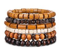 Telooco 6Pcs Mens Beaded Bracelets - Multi-Layer Wooden Bead Bracelet, Vintage Wristband Adjustable Elastic Mens Bracelets, Stackable Beaded Wrist Cuffs Gifts for Men (Light Brown)