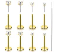 Telooco 8Pcs 20G Flat Back Nose Stud Surgical Steel Threadless Labret Studs Tragus Piercing Cartilage Earrings Helix Medusa Piercing Jewellery with 1 Tapered Insert Pin (Gold)
