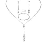 Telooco Rhinestone Bridal Jewellery Set Elegant Crystal Teardrop Pendant Necklace Drop Earrings Bracelet Sparkly Silver Jewellery Set for Brides Bridesmaid Women Girls Wedding Costume Accessories