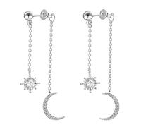 Telooco Sterling Silver Earrings for Women Moon and Star Dangle Earrings | Crystal Front and Back Double Chain Drop Earrings Anti-allergic Long Earrings Wedding Jewellery for Women Girls