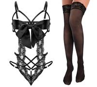 Telooco Women's Sexy Lingerie Set Unwrap Me Bow Lingerie Bodysuit with Lace Stockings Smooth Ribbon Lingerie for Valentines Outfit (Black)
