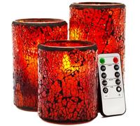 TELOSMA LED Mosaic Flameless Candle, Red Yellow Cracked Glass Pattern Pillar Candle - Centerpieces Table Bed Fireplace Autumn Decor - Set of 3