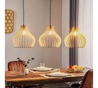 TEMAR LIGHTING Barrel pendant light with wooden shades, 3-bulb, long