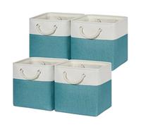 Temary 11 Inch Cube Storage Baskets - 4 Pack Fabric Bins for Shelves, Collapsible and Empty for Gift - White & Teal