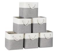 Temary 11 Inch Cube Storage Bins - 6 Pack Foldable Fabric Storage Baskets with Soft Rope Handles, Sturdy Organizer Cubes with Metal Frame for Shelves, Closet, Office & Home Organization (White&Grey)