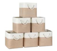 Temary 6-Pack Cube Storage Bins, 11 Inch Foldable Fabric Storage Cubes with Cotton Rope Handles, Sturdy Linen Organizer Baskets with Metal Frame for Shelves, Closet, Nursery (White&Khaki)