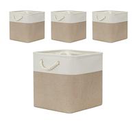 Temary Cube Storage Baskets 4 Pack 13x13 Fabric Cube Storage Bins for Clothes, Large Baskets Boxes with Handles, Canvas Basket for Organizing Towels, Collapsible Storage Baskets (White&&Khaki)