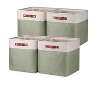 Temary Cube Storage Baskets for Shelves 4pack Fabric Storage Basket for Organizing Clothes, 13 Inch Storage Cubes with Leather Handles, Closet Baskets (White&Green)