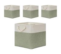 Temary Cube Storage Bins 13x13, 4 Pack Large Bins with Handles; Decorative Storage Baskets for Home (White & Green)