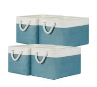 Temary Fabric Storage Baskets 4Pack Storage Bins Decorative Basket for Gift, Clothes Bin with Rope Handle, Rectangle Baskets for Storage, Blankets(White&Teal,15x11x9.5 inch)
