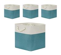 Temary Fabric Storage Baskets Set of 4 - 13x13 Cube Baskets for Shelf, Large Storage Bins for Organizing, Gift (White & Teal)