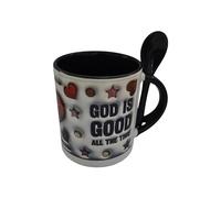 Temas Store God is Good All The Time Mug, White and Black Ceramic Coffee Mug with Spoon, Faithful Inspirational Religious Theme, Christian Coffee Mug, Believers Prayer Home Office Drinkware
