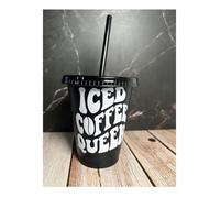 Temas Store Retro Style Iced Coffee Queen Cold Cup, Black with Gold or White Lettering, 16oz Reusable Tumbler with Straw (Black/White)