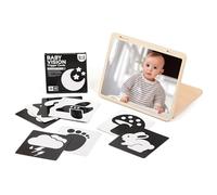 Temeemeg Baby Mirror Tummy Time Toy Montessori Mirror Sensory Toy with Adjustable Stand Visual Cards for Newborns 0-3 Months Wooden for Infant Visual Development