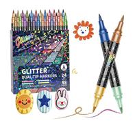 Temeemeg Glitter Markers 24 Dual Tip Markers with 48 Sparkling Colors Double Ended Brush Pens with Fine Glitter for Crafts Journaling Card Making & Adult Coloring Books