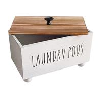 Temeemeg Laundry Pod Holder with Lid & Compartments Wooden Multi Use Dryer Sheet Container Wood Bathroom Organizer Box for Cotton Balls Feminine Products (White)