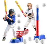 TEMI 2 in 1 Tee Ball Set for Kids 3-8, Kids Baseball T-Ball Set with 10 Balls, Step on Pitching Machine, Batting Tee, Outdoor Sport Toy Games for 3-12 Year Old Boys Girls Toddlers