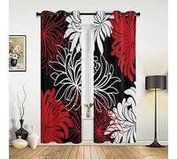 TEMLAN Black And White Red Chrysanthemum Blackout Curtains Red Black White Lines Eyelet Curtains for Living Room Bedroom, Grommet Top Thermal Insulated Window Treatments (117 x 137cm)