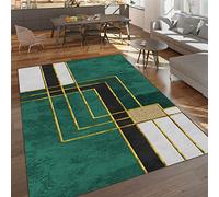 TEMLAN Luxury Emerald Green Gold Retro Geometric Area Rug Black Gold Line Art Rugs Non-Slip Floor Mat for Living Room Bedroom Dining Room Farmhouse Laundry Room Bathroom 60 x 110 cm