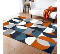 TEMLAN Mid Times Geometric Art Area Rug Blue Orange White Grey Semicircle Washable Floor Carpet, Soft and Plush Mats for Living Room Bedroom 120 x 180 cm