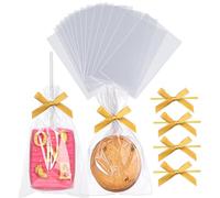 TEMLQPACK 100PCS 4x6 Inches Clear Self-Sealing Cellophane Rice Krispie Treat Bags with Gold Bow Accessories, Resealable for Cookie Candy Jewelry Crafts Small Product Packaging