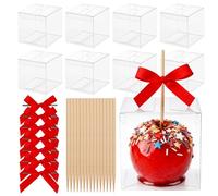 Temmgnie 30 Sets Candy Apple Boxes with Holes,4"x 4"x 4" Clear Caramel Apple Box,Plastic Favor Boxes with Red Ribbons for for Wedding,Graduation Party,Brithday,Christmas Cookies Cake