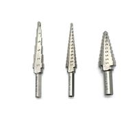 TEMO 3pc M35 Cobalt HSS Step Drill Set Two Flute Total 28 Sizes: 3/16 inch (4.8mm) - 1/2 inch (12.7mm) 6 Step, 1/4 inch (6.4mm) -3/4 inch (19mm) 9 Step, 1/8 inch (3.2mm) -1/2 inch (12.7mm) 13 Step