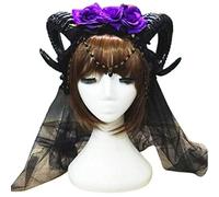 TEMOOUES Halloween Carnival Headband Sheep Horn Rose Flower Chain Crown Hair Hoop For Vampire Mesh Veil Gothic Cosplay Headpiece Lace Cathedral Wedding Veil