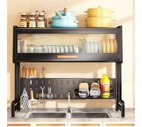 Temopow Adjustable Dish Drying Rack, Over The Sink For Kitchen Counter Organizer Storage Shelf Large Capacity, Holder Hooks, With Cabinet Door(Black)