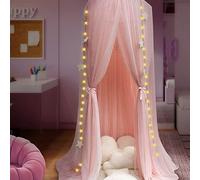 Temopow Bed Canopy Mosquito Net with Star Lights，Princess Play Canopy for Girls Room - Dome Net Curtains for Baby Game Dream Castle, Girls Room Decor (Pink)