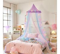 Temopow Rainbow Bed Canopy with Led Light Colorful Mesh Stitching Mosquito Net Princess Dome Mesh Bed Canopy for Bedroom Decoration Princess Bed Netting