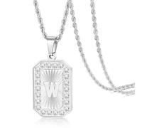 TempBeau Letter Chain Necklace for Men丨 Square Diamond Capital Monogram Pendant Necklaces with Stainless Steel Link Silver Rope Chain 22+2 Inch,Trendy Name Initial Jewelry Gifts for Men, Stainless