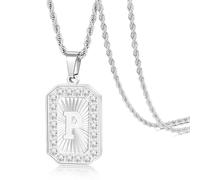 TempBeau Letter Chain Necklace for Men丨 Square Diamond Capital Monogram Pendant Necklaces with Stainless Steel Link Silver Rope Chain 22+2 Inch,Trendy Name Initial Jewelry Gifts for Men, Stainless