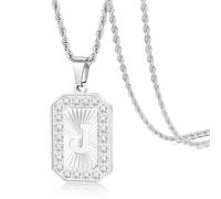 TempBeau Letter Chain Necklace for Men丨 Square Diamond Capital Monogram Pendant Necklaces with Stainless Steel Link Silver Rope Chain 22+2 Inch,Trendy Name Initial Jewelry Gifts for Men, Stainless