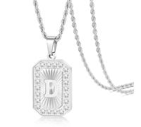 TempBeau Letter Chain Necklace for Men丨 Square Diamond Capital Monogram Pendant Necklaces with Stainless Steel Link Silver Rope Chain 22+2 Inch,Trendy Name Initial Jewelry Gifts for Men, Stainless